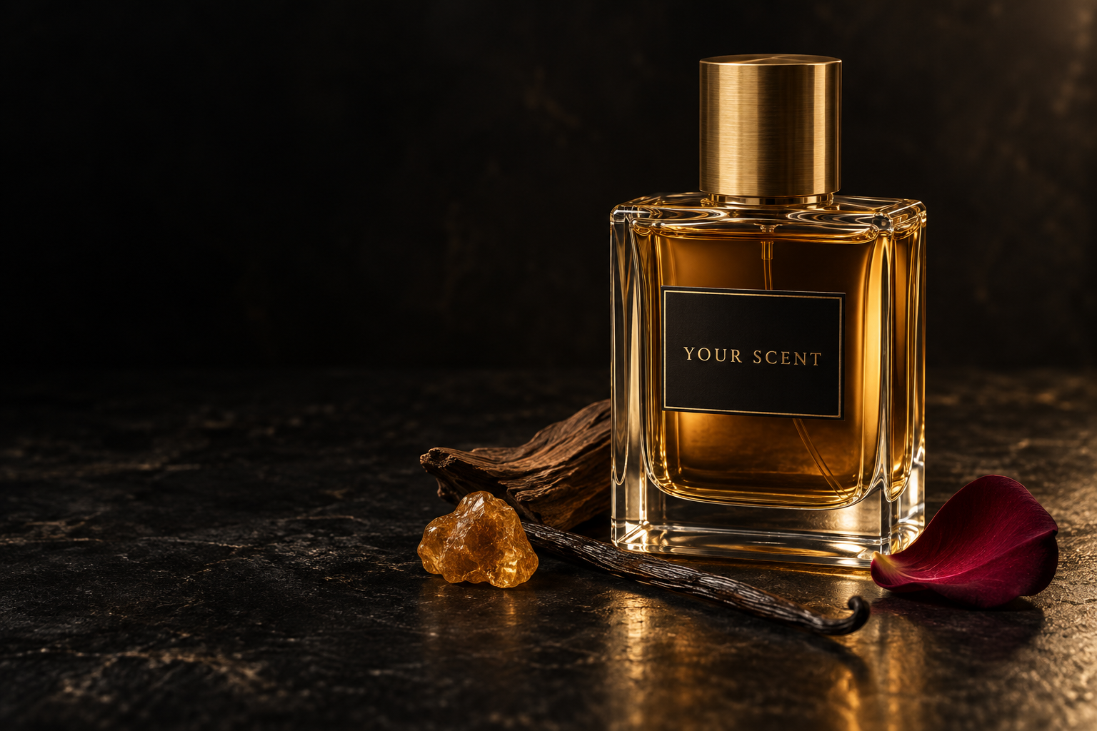 YOUR SCENT fragrance bottle, amber resin, vanilla, and oud wood